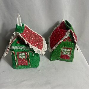 Christmas Fabric House Tissue Box Cover Set Cottage Holiday Decor Red Green